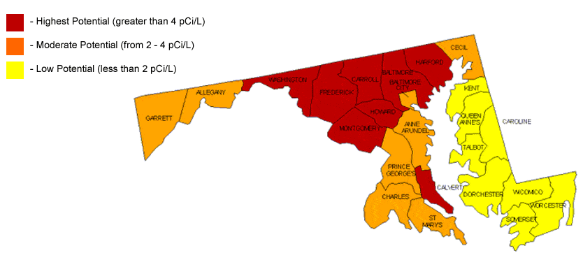 Radon in Maryland - Map of Risk Areas In Maryland
